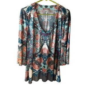 Boston Proper Multicolored Baroque Print bell sleeved V-Neck top Sz S